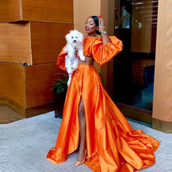 

orange two pieces prom dresses with puff sleeves high split african wmen party gowns latern sleeve aso ebi evening, Black