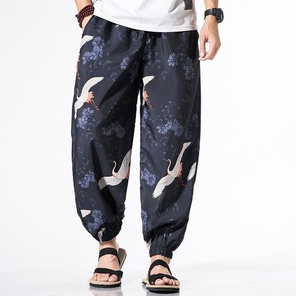 

vintage men pencil pants plus size 4xl 5xl print anime harem pant chinese style male long hip hop trousers loose joggers bottoms, Black