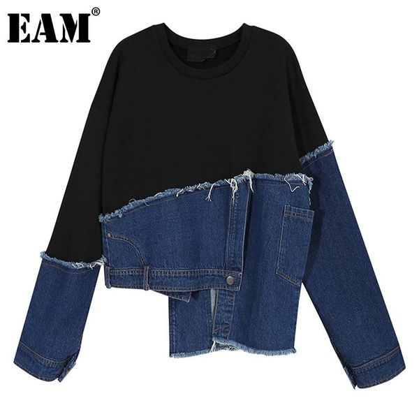 

eam] loose fit black denim irrgular sweatshirt new round neck long sleeve women big size fashion tide spring autumn 2020 1z850