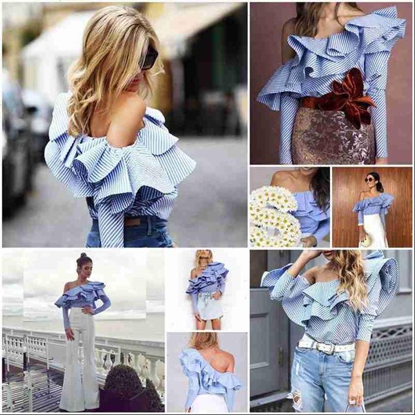 

womens summer striped two layers ruffles off the shoulder long sleeve loose blouse casual shirt new pullover, White