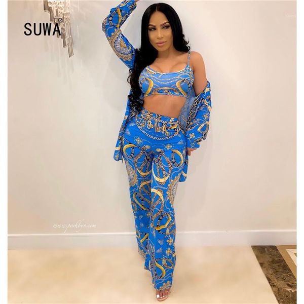 

2020 women sets summer tracksuits print crop +high waist pants+coats suit 3 pieces set night club party outfits street 2pcs1, White