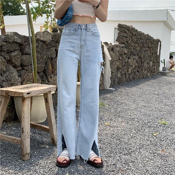 

2020 straight hole streetwear thin cowboy split large size loose wide leg jeans high waist women full length pants, Blue
