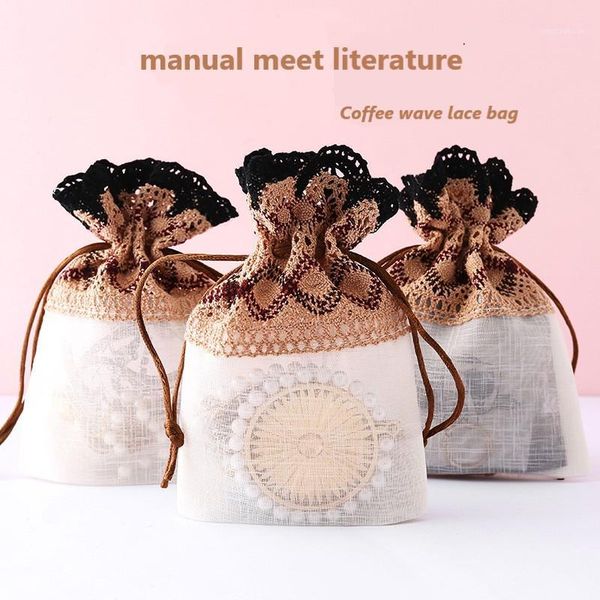 

gift wrap 6pcs 10x14cm coffee wave lace bag slub yarn drawstring jewelry packaging wedding party favor bags storage packs1