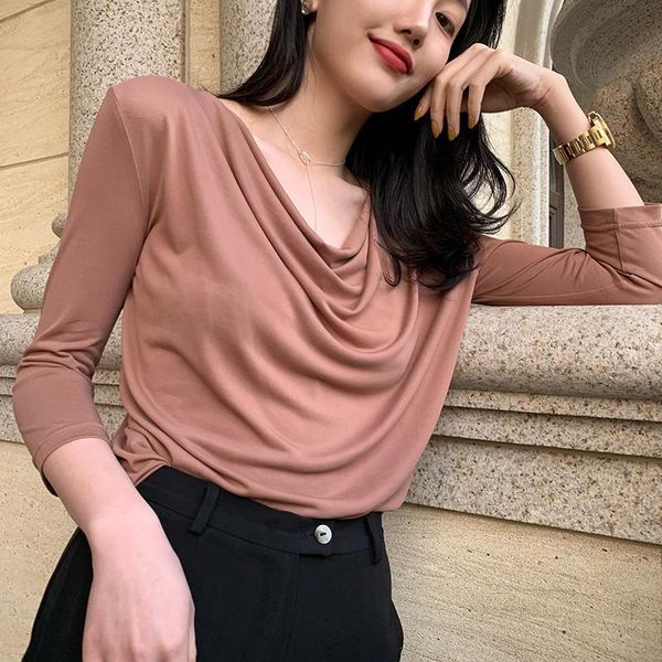 

women's blouses & shirts 2021 autunm women three quarter sleeves pleated modal cotton blouse ,elegant office lady basic plus size 5xl 6, White