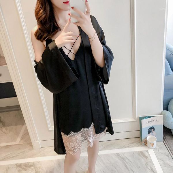 

autumn new women 2pcs robe gown suit sleepwear casual home wear v-neck strap sleepwear faux silk kimono bathrobe with belt1, Black;red