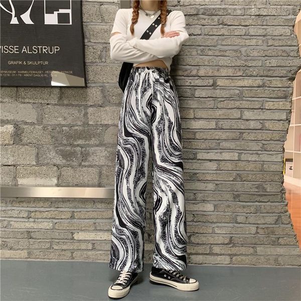 

favour korean style wide leg pants women 2021 spring fashion trousers women high waist loose casual tie dye straight pants1, Black;white