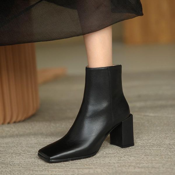 

fashion comfortable genuine leather women's ankle boots elegant square toe thick high heels pumps party casual shoes woman, Black