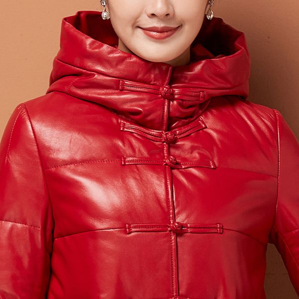

genuine female autumn red down long leather jacket kj743 cvoa, Black