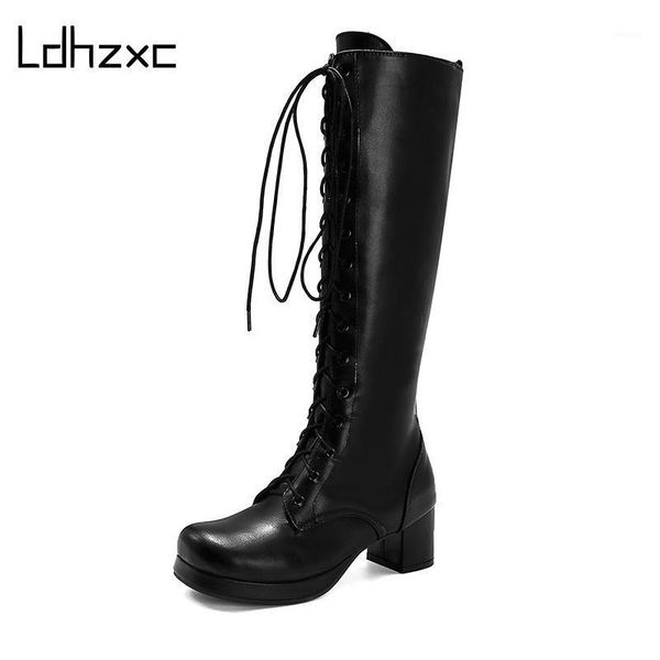 

boots ldhzxc 2021 autumn winter women motorcycle square to low heels knee high female footwears plus large size1, Black