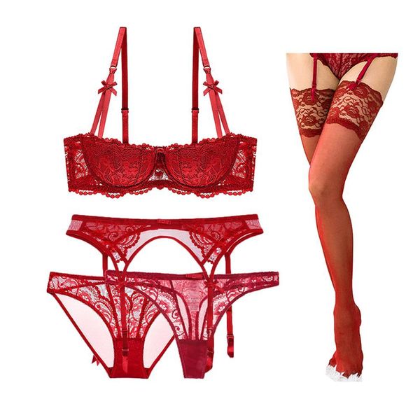 

underwire push up bra women half cup underwear bra+garter belt+panties+thong+stockings affordable 5piece set cyhwr c1211, Black;white