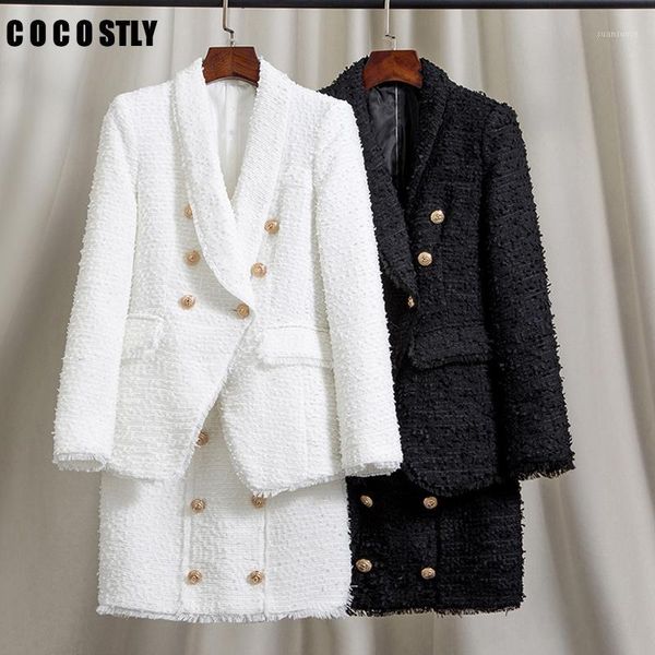 

elegant two piece set tweed blazer women skirt suits women high waist 2 piece set button up conjunto feminino1, White;black