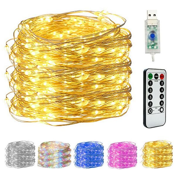 5M 10M LED-Kupferdraht-Lichterkette, USB-Plug-in-Lichterkette mit Fernbedienung, 8 Modi, wasserdicht, Fernbedienung, Timer, 100 LEDs