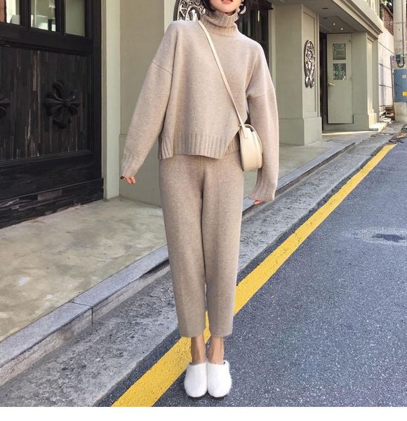 

bonjean long sleeve women sets 2020 knitted tracksuit turtleneck sweatshirts women clothing two piece set knit female pants suit1, Gray