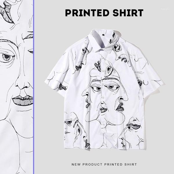 

#7328 spring summer casual short sleeve shirt graffiti print loose style shirt men couple retro blouse1, White;black