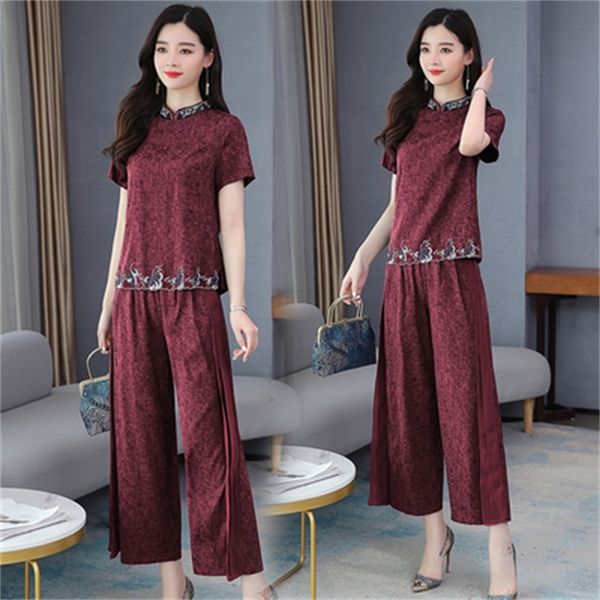 

silk embroidery two summer sets medium-aged vintage of pantalon and haut femme clothes icqt, White