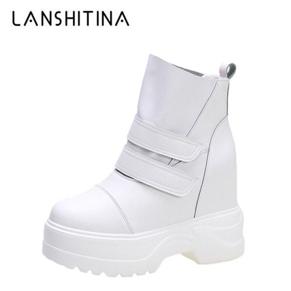

boots women leather ankle winter high platform sneakers comfortable thick sole motorcycle woman hook loop punk, Black