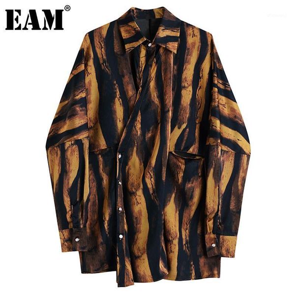 

eam] women big size brown zebra stripe blouse new lapel long sleeve loose fit shirt fashion tide spring autumn 2020 1dd03581, White