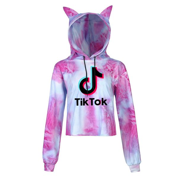 

2020 new women's tik tok tie-dye print short cat ear hooded sweater, Black