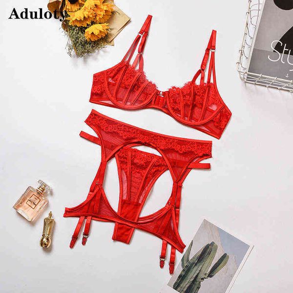 

nxy set aduloty new women' lace mesh stitching underwear underwire bra garter belt thong thin section see through erotic lingerie 1222, Red;black