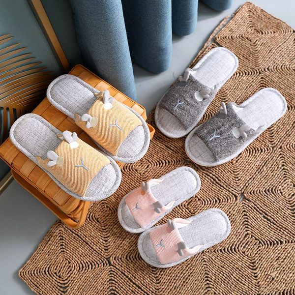 

slippers 2021 cotton and linen female home autumn winter couple indoor cute cartoon comfortable silent male, Black