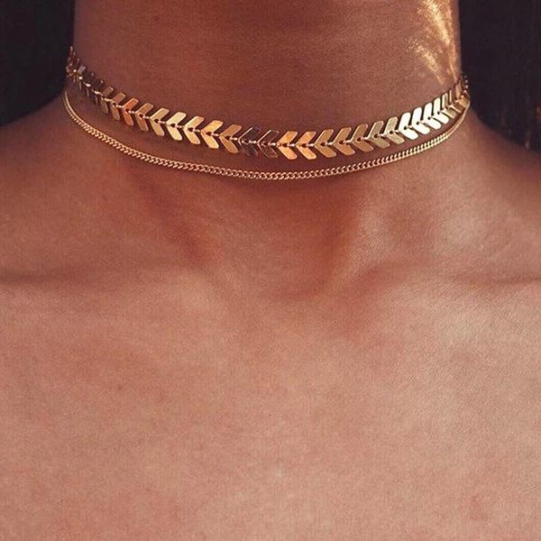 

chokers fashion gold chain choker for women two layers necklaces fishbone airplane necklace flat jewelry, Golden;silver