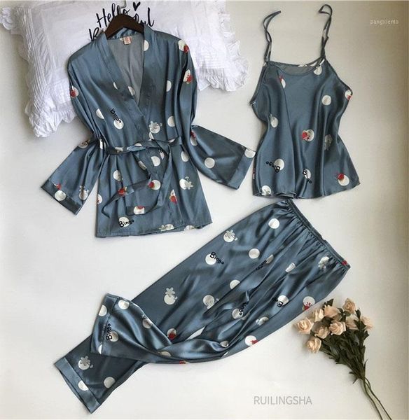 

women summer silk 3pcs robe sets satin flower print kimono sleepwear plus size nightgowns sleepshirts female dressing gown1, Black;red