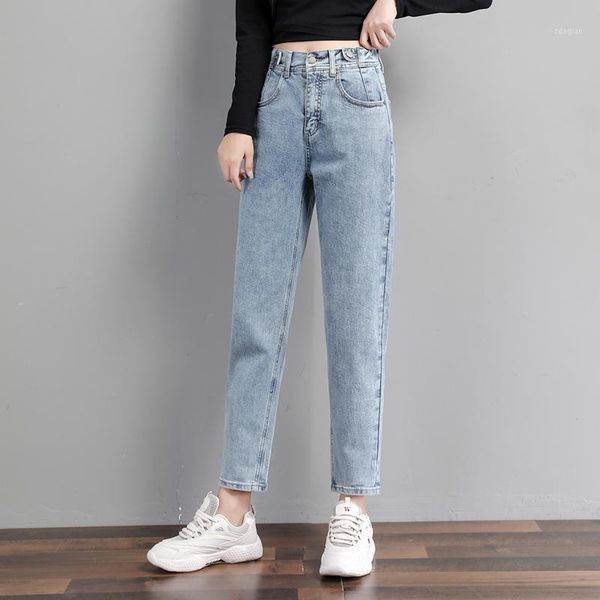 

women's jeans 2021 solid women clothes high waist loose denim pencil pants regular jean mom washed trousers female casual p94831, Blue