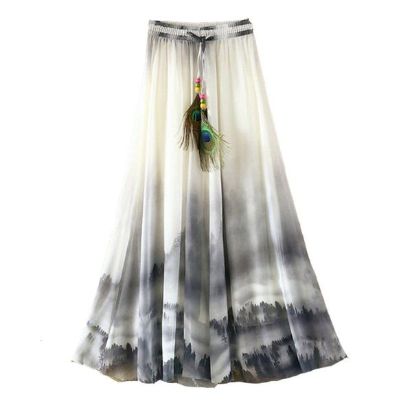 

2019 летняя богемная длинная юбка шифон старинные фалды largas элегантный принт saia longa дамы повседневная макси юбки женские одежды, Black