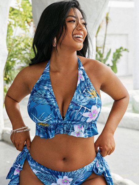 

plus floral & tropical halter bikini h114#, Black