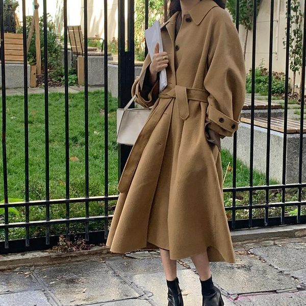 

alien kitty blends female single breasted winter warm belt retro elegant loose solid women woolen coats chic casual long clothe1, Black