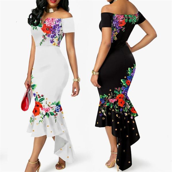 

2021 summer womens off shoulder floral elegant dresses evening party wedding formal dresses ruffles fishtail ladies dress, Black;gray