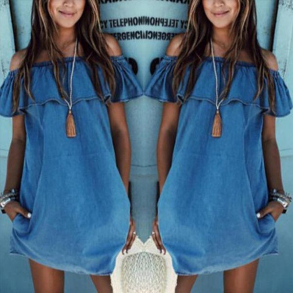 

fashion summer women denim dresses slash neck solid color ruffle elegant ladies girls loose casual dress fs99, Black;gray