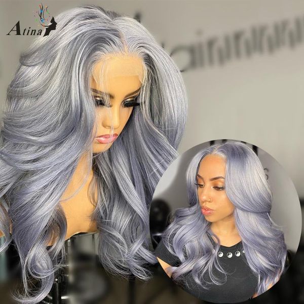 

lace wigs atina wavy grey colored hd transparent part human hair glueless pre plucked bleached frontal for black women full, Black;brown