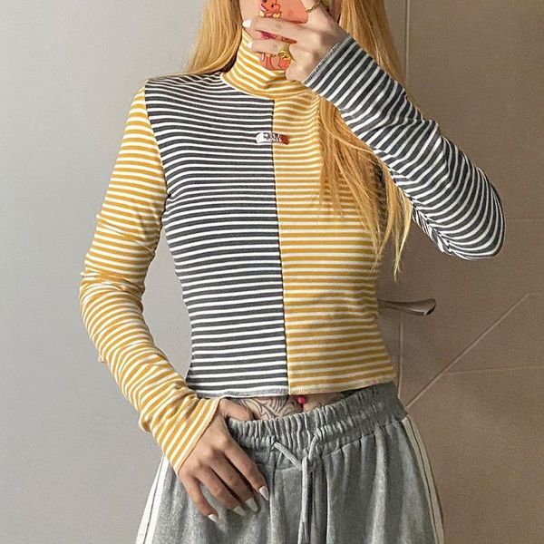 

new women's long-sleeved high-neck striped color-blocking slim t-shirt, White