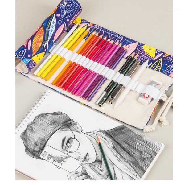 

office pencil case 36 48 72 holes storage pouch pen bag organizer curtain roll canvas stationery box colorful school girls boys1
