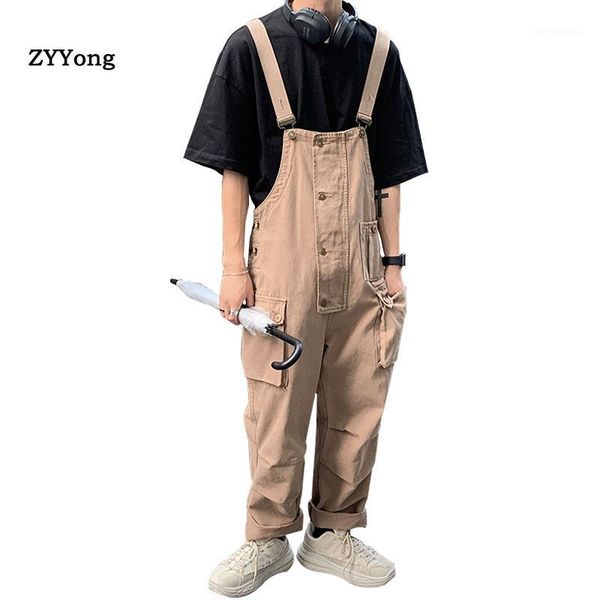 

men's pants summer men jumpsuit bib loose freight cargo overalls suspender leisure khaki gray rompers trousers1, Black