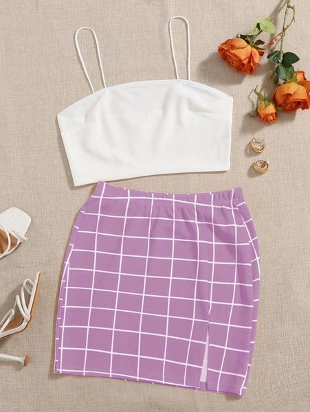 

solid cami & neon green split hem grid skirt set y5wr#, White