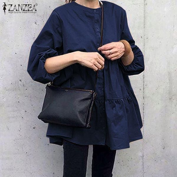 

female elegant o neck blusa womens spring autumn blouses zanzea fashion ruffle shirts casual lovely puff sleeve oversize 5xl, White