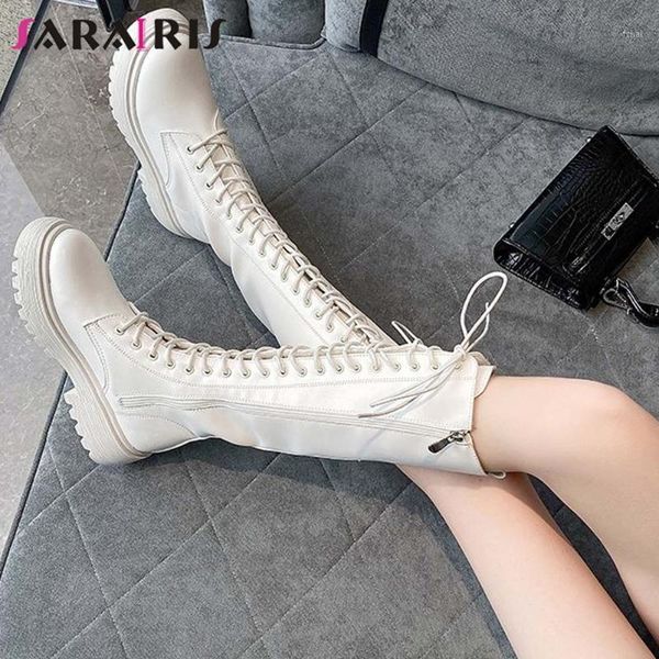 

boots sarairis zipper cross tied round toe knee high women chunky short plush winter ladies shoes1, Black