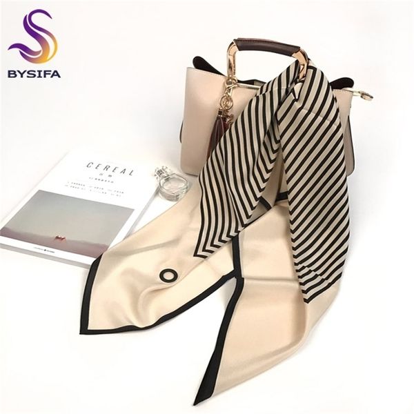 

bysifa] brand striped 100%pure silk shawl fashion women perforated scarves 90cm fall winter black,white square neck scarf y201007, Blue;gray