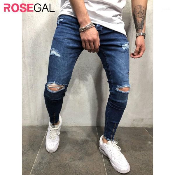 

rosegal destroyed zip men long jeans fall winter 2019 new basic personality wild hole denim ripped pants casual men jeans1, Blue