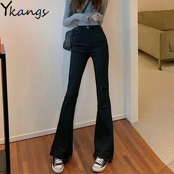 

high waist black mom flare jeans women slim wide leg pants ladies bell bottom jeans female boyfriend denim trouser streetwear lj201029, Blue