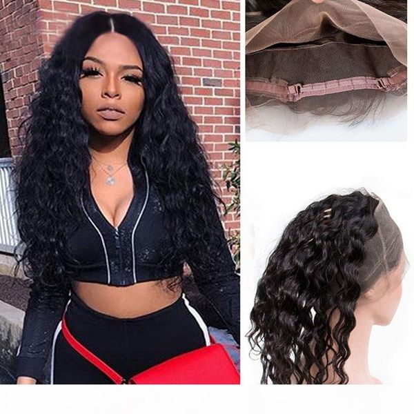 

malaysian human hair natural color water wave 360 lace frontal adjustable band lace frontal with baby hair wet and wavy hair products, Black;brown