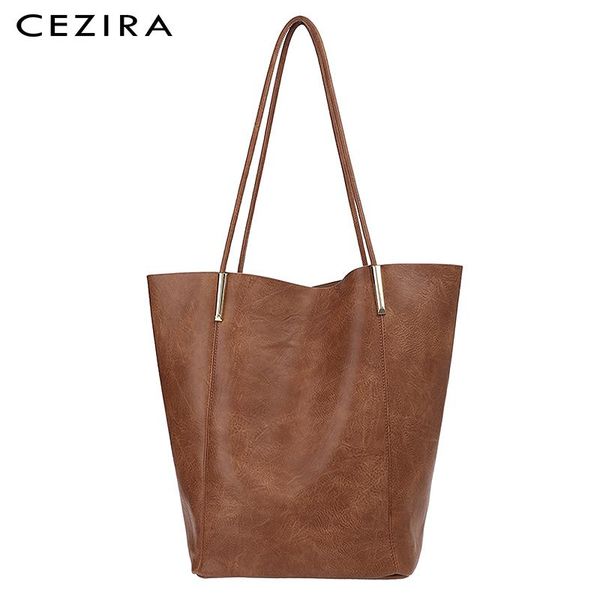 

shoulder bags cezira vintage style pu vegan leather women liner bag tote luxury design large casual female daily shopping handbag