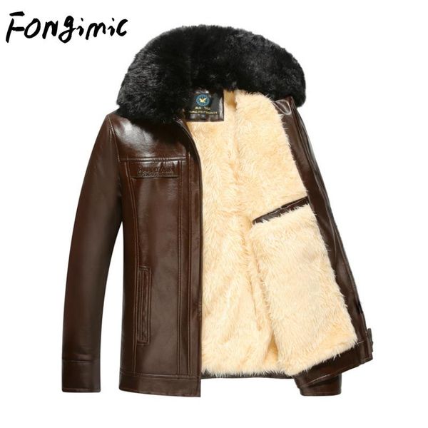 

men winter leather jacket manufacturers direct sales mid-aged pu warm fleece lapel plus plush leather warmth pu jacket, Black