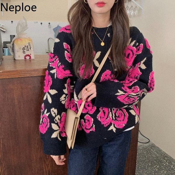 

women's sweaters neploe heavy rose crochet floral pullovers winter clothes for women loose casual thicked jumper coat sueter mujer 4g09, White;black