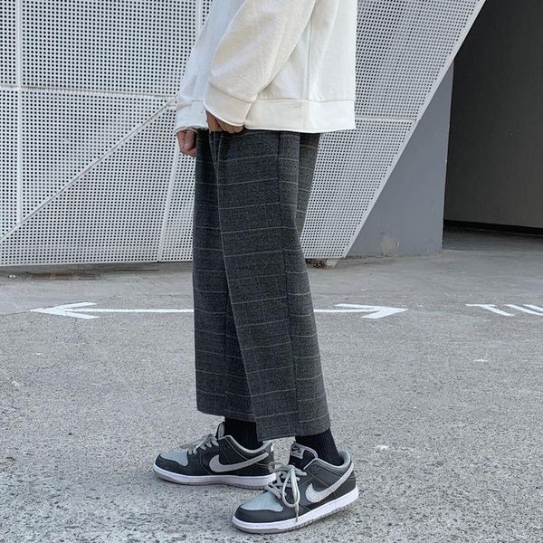 

men's pants winter thick woolen warmth fashion retro casual plaid men streetwear korean style straight wide leg mens, Black
