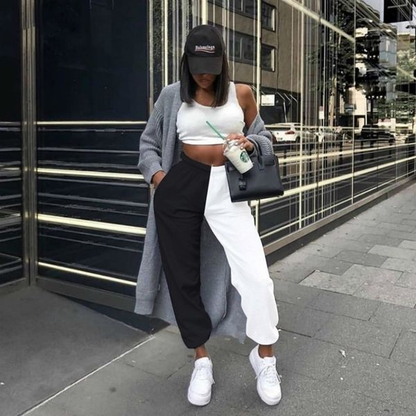 

patchwork sport harem pants women loose casual sport streetwear pants black and white new summer high waist autumn winter 201031, Black;white