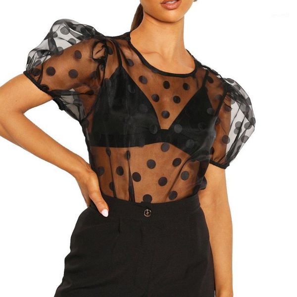 

women's blouses & shirts polka dot perspective shirt for women o neck short sleeve chiffon hollow out female spring fashion 1, White