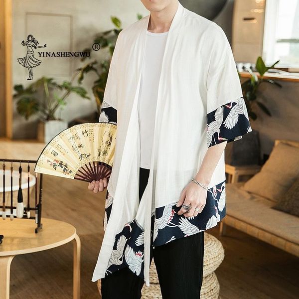 

print shirt long coat japanese kimono cardigan men yukata male long haori samurai costume kimono jacket mens asian clothe1, Red